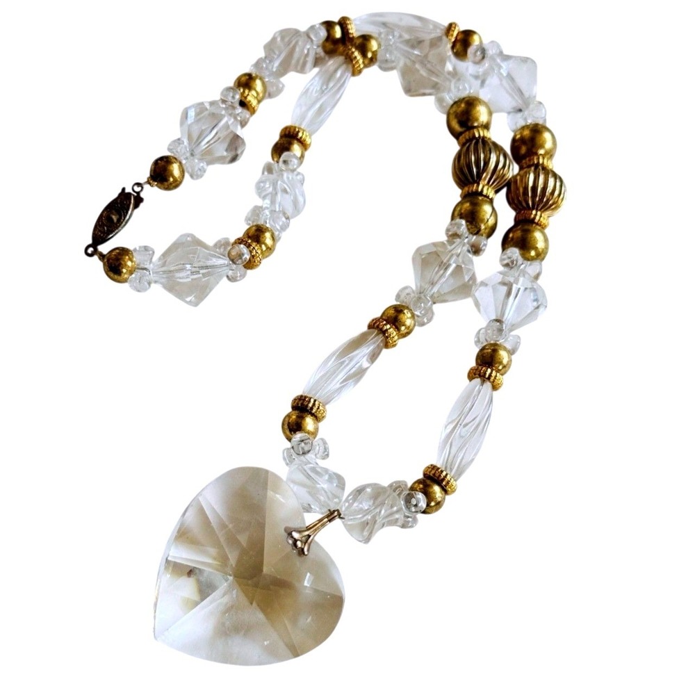 VTG Regal Heart Necklace Austrian Crystal Beads Beaded Glitzy Sparkly Gold 20"